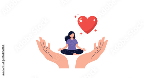 Large hands holding and protecting a woman meditating peacefully with a shiny red heart above her promoting self-care.