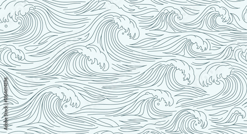 Seamless pattern of rolling ocean waves drawn in a detailed and elegant blue line art style on a light background.