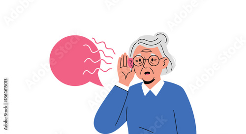 Elderly woman with glasses cupping her hand to her ear to listen better illustrating hearing loss or difficulty hearing.