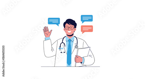 Friendly male doctor in a white coat and glasses waving hello with chat bubbles nearby for online medical consultation.