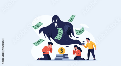 Terrified people kneel before a ghostly figure as dollar bills fly around symbolizing financial crisis and economic fear.