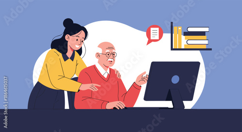 Young woman helps an elderly man at a computer desk with books and a document icon illustrating digital assistance.