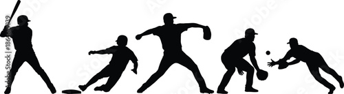Collection of Black Silhouettes Featuring Baseball Players in Various Dynamic Sports Poses Like Batting Pitching Catching Sliding and Fielding Isolated on White