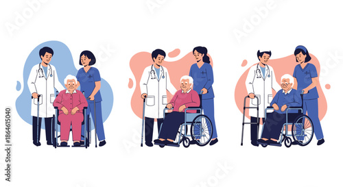 Set of three illustrations showing doctors and nurses providing compassionate care to elderly patients in wheelchairs.