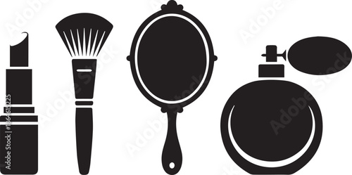 Set of Beauty and Makeup Equipment Silhouettes, Lipstick, Brush, Compact, and Cosmetic Tools in Black and White, Isolated Minimal Fashion and Beauty Concept