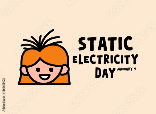 Static Electricity Day. January 9. Cute girl. Banner, card, background.