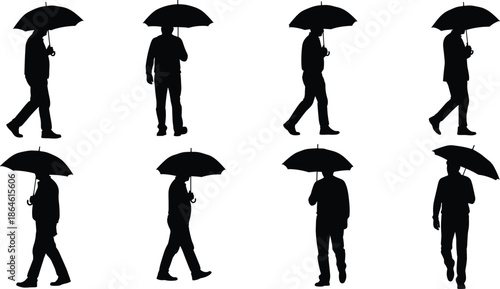 Silhouette of a man walking with an umbrella in different poses and angles isolated on a white background for design.