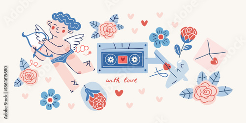 Cupid roses a cassette tape and hearts in a sweet illustrative composition
