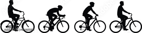 Collection of Cyclist Silhouettes Riding Various Bicycles Including Road Bikes and Commuter Bikes for Urban Transportation Fitness and Outdoor Recreation