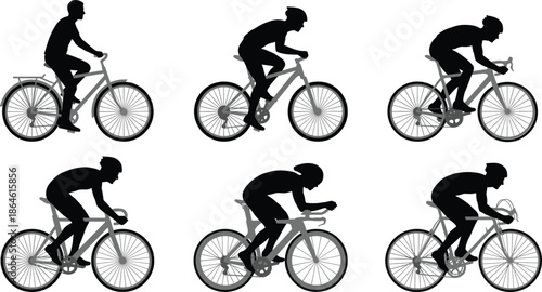 Collection of Cyclist Silhouettes Riding Road Bikes and Mountain Bikes for Sports Fitness Racing Commuting and Active Healthy Lifestyle Outdoor Recreation