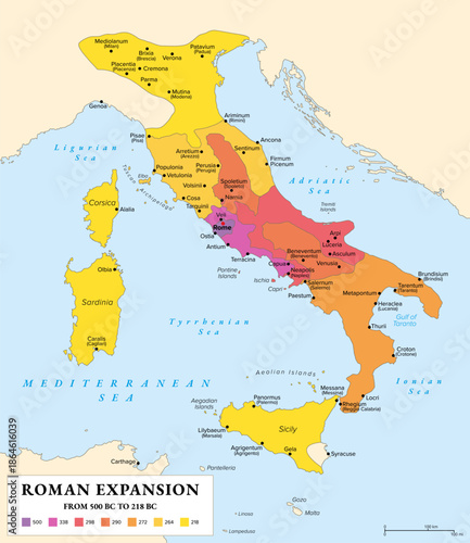 Roman expansion in Italy, 500 BC to 218 BC, history map. Roman conquest and take over of the Italian Peninsula through Latin War, Samnite Wars, Pyrrhic War, and First and Second Punic War. Vector
