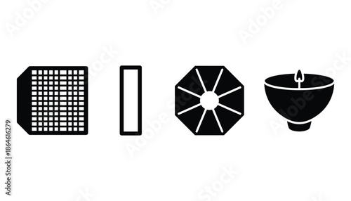 Photo studio light equipment vector icons for professional photographer 100 characters