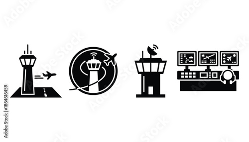 Set of airport control tower vector flat icon for business template web and app