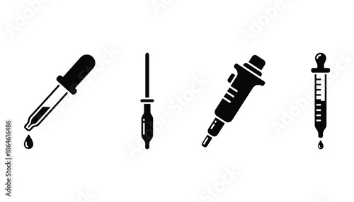 Set of four medical dropper or pipette in black silhouette vector on transparent
