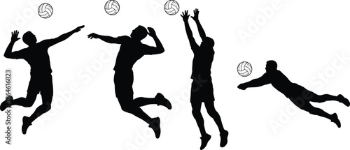 Collection of Professional Volleyball Player Silhouettes in Dynamic Action Poses Including Diving Jumping and Spiking for Sports Competition and Fitness