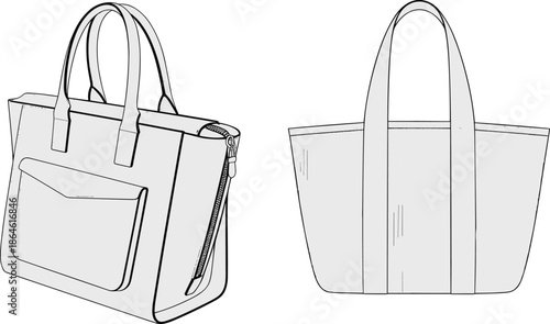 Cad drawing flat vector illustration, black and white handbag sketch, fashion accessory design, tote bag outline, minimalist style