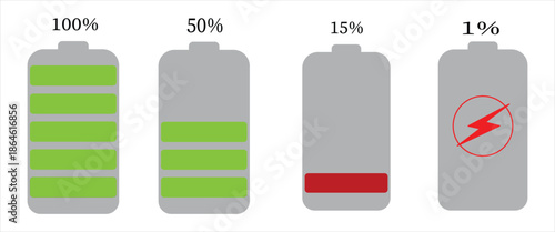Battery Charge Level Icons Set with 25, 50, 75 and 100 Percent Power Indicators – Energy Status Vector