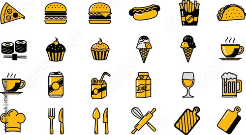  Fast food & dessert vector icon set. Cartoon collection of junk food: burger, pizza, fries, hot dog, donut, soda, ice cream. Cute illustration for menu, sticker, pattern. 
