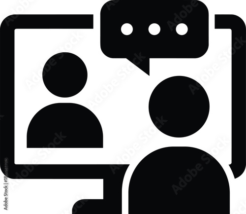 Online meeting communication icon, virtual video call discussion, remote teamwork concept, business chat interface, black silhouette vector illustration, minimal design