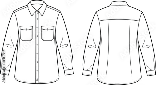 Cad drawing flat vector illustration, black and white shirt sketch, button-up design, fashion garment outline, front back view