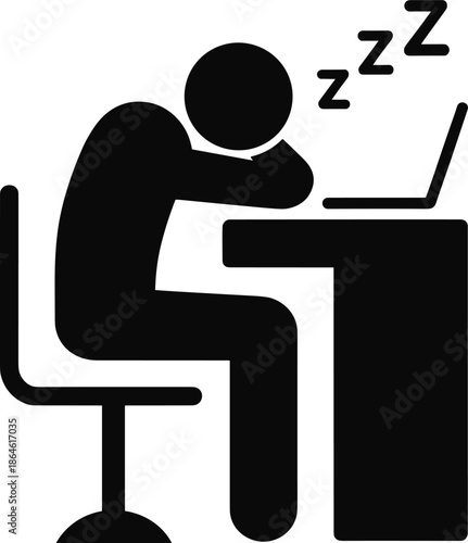 Overworked employee sleeping at desk icon, tired office worker exhausted, burnout concept, laptop workspace, black silhouette vector illustration, minimal design