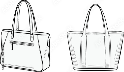 Cad drawing flat vector illustration, black and white handbag sketch, fashion tote design, structured bag outline, minimalist accessory art