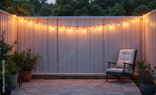 Cozy outdoor patio at dusk with string lights on a wooden fence, modern lounge chair, potted plants, and calm evening backyard atmosphere.