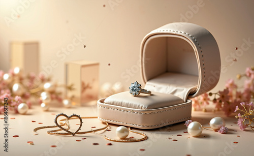 Elegant engagement ring in an open jewelry box with pearls and soft floral decor, romantic luxury scene in warm pastel tones.