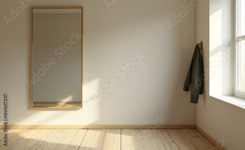Minimal sunlit room with wooden floor, wall mirror and hanging jacket, soft natural light creating calm modern interior atmosphere.