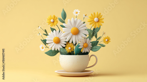 Wallpaper Mural A 3D bouquet of daisies growing out of a cute teacup, with vibrant colors and soft shading, isolated on a light yellow pastel background. modern and whimsical. Torontodigital.ca