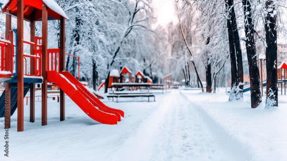 Naklejka premium Snowy park with a bright red playground slide on the left, snow-filled path, bare trees, and pale sun. At dawn