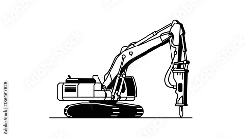 Excavator with hydraulic breaker hammer line art illustration.