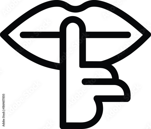 Shh silence gesture icon with finger on lips, quiet sign symbol, secret hush warning pictogram, minimal black outline vector illustration