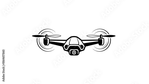 Modern photography drone illustration. Quadcopter with camera vector isolated on white background. Technology and aerial filming concept.