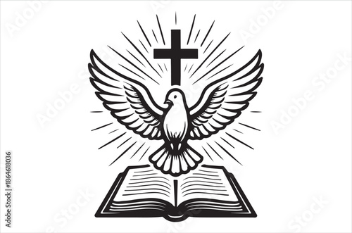 A religious symbol featuring a dove cross and open bible illustration