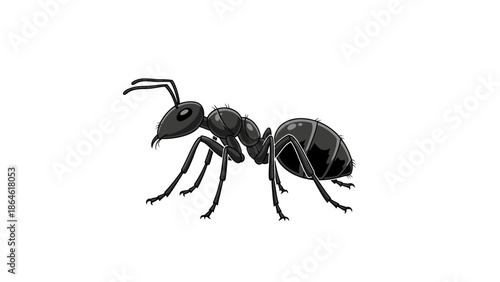 Black ant worker illustration. Realistic insect vector isolated on white background. Macro view of garden ant.