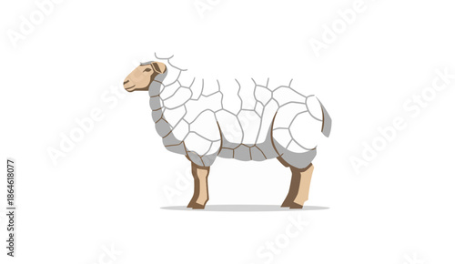 Sheep illustration with geometric wool pattern. White ram vector isolated on white background. Farm animal character design.