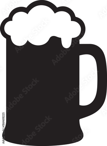 A simple black and white illustration of a full beer mug with foam
