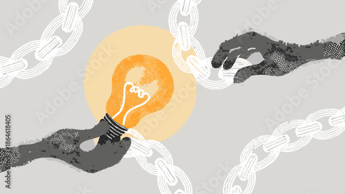 Hands reaching for light bulb surrounded by chains idea generation collaboration concept art style