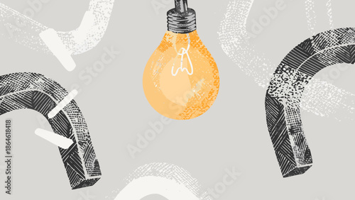 A lightbulb is illuminated, surrounded by abstract shapes with textured patterns and light effects