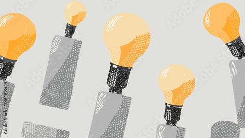 Illustration of several light bulbs with gray rectangular bases scattered on a light background space