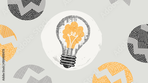 Illustration featuring a central light bulb surrounded by decorative patterns on a light background