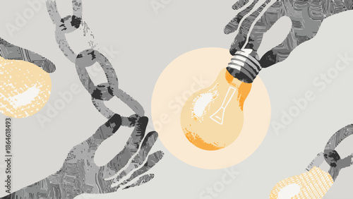 Hands holding lightbulbs and chain representing idea generation and breaking free from constraints with style