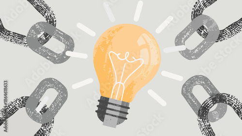 Glowing lightbulb surrounded by chains suggesting innovation overcoming constraints and obstacles shown here