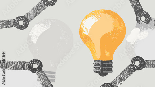 One bright lightbulb among dimmed ones with mechanical arms in a creative illustration style