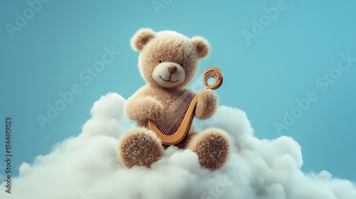 Teddy bear playing a tiny harp sitting on a cloud