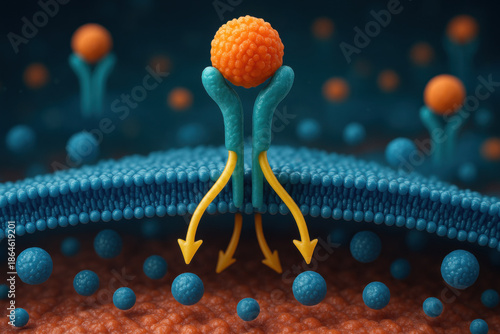 Detailed biomedical illustration of receptor binding molecule. This action starts signal amplification pathway across cell membrane for cellular communication