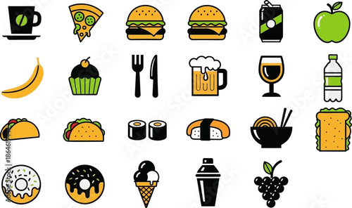  Fast food & dessert vector icon set. Cartoon collection of junk food: burger, pizza, fries, hot dog, donut, soda, ice cream. Cute illustration for menu, sticker, pattern. 