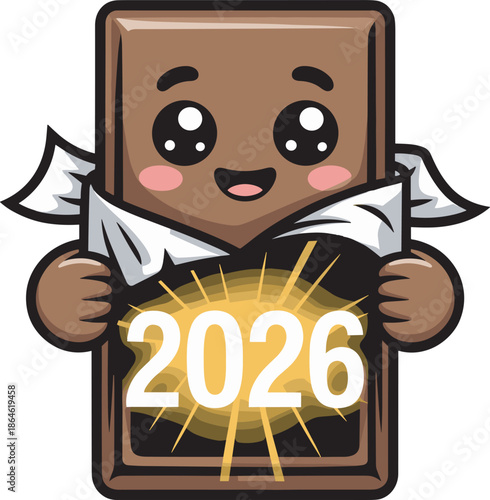 Chocolate bar character holding a golden ticket with 2026 number for new year promo