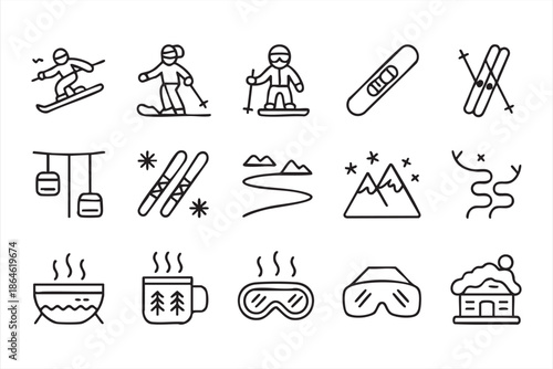 Mountain Winter Activity Line Icons for Sports Interface Design